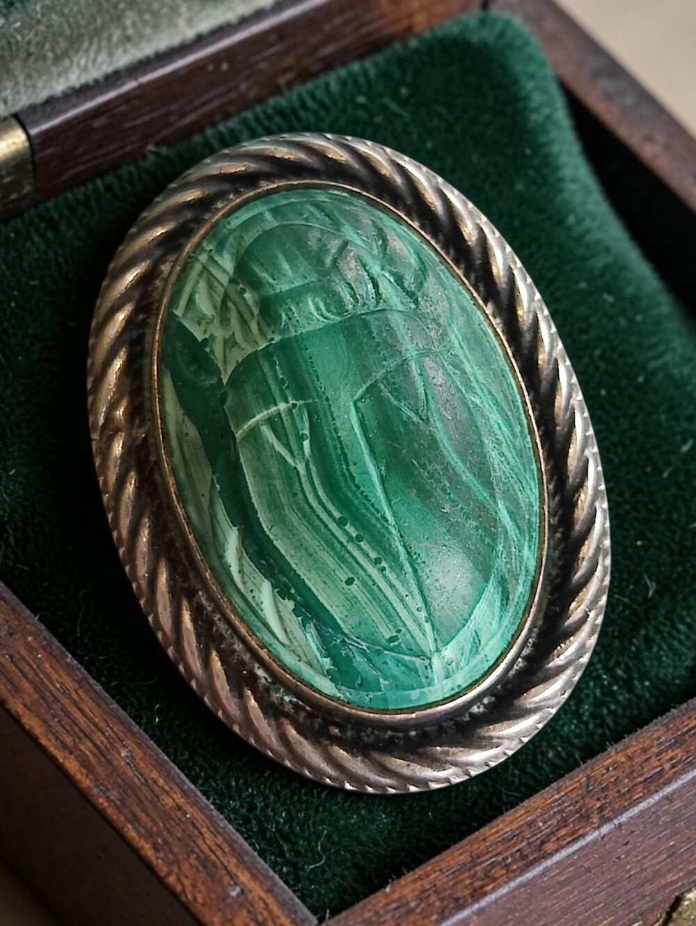 Antique Sterling Silver Malachite Scarab Brooch